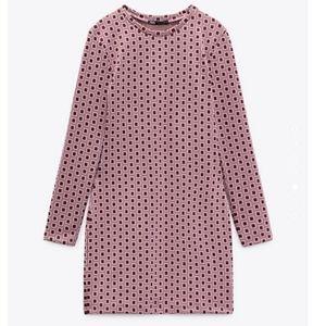 Zara Pink Jacquard Mini Dress Small Long Sleeve Bodycon Geometric
